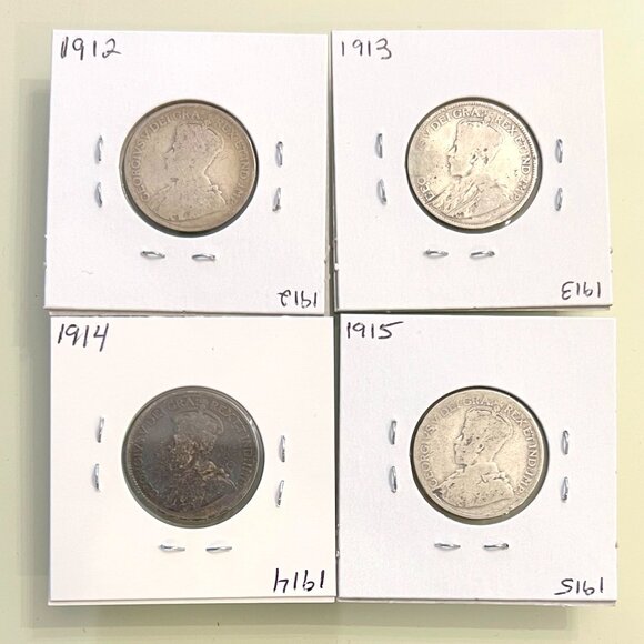 1912, 1913, 1914 & 1915 Canada Sterling Silver 4 x 25¢ Coins! - Picture 2 of 13